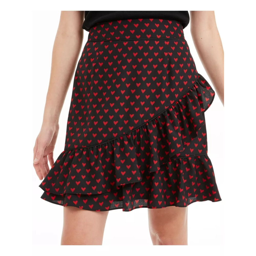 Maison Jules Women's Black Heart Print Knee Length Ruffled Skirt, Size Small NWT